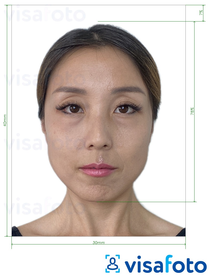 Esempio di foto per Corea del Sud Straniero Registrazione 3x4 cm (30x40 mm) con specifiche delle dimensioni esatte