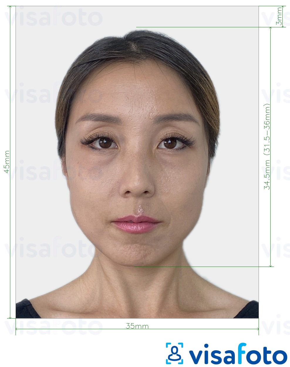 Esempio di foto per Corea del Sud Visa 35x45 mm (3,5x4,5 cm) con specifiche delle dimensioni esatte