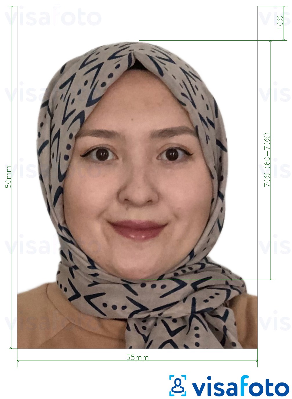 Esempio di foto per Malesia Visa 35x50 mm sfondo bianco con specifiche delle dimensioni esatte