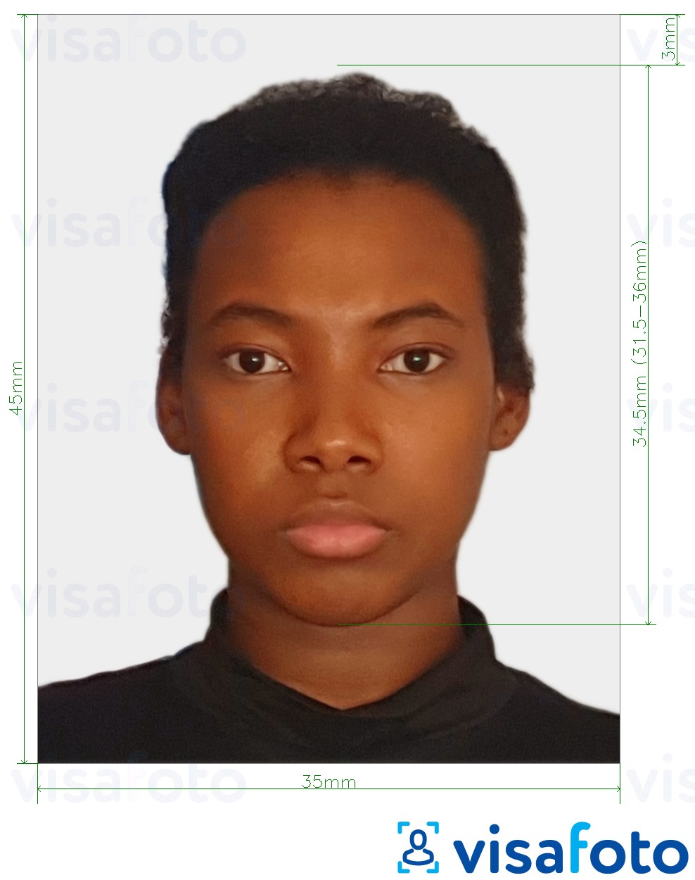 Esempio di foto per Passaporto Togo 4,5x3,5 cm (45x35mm) con specifiche delle dimensioni esatte