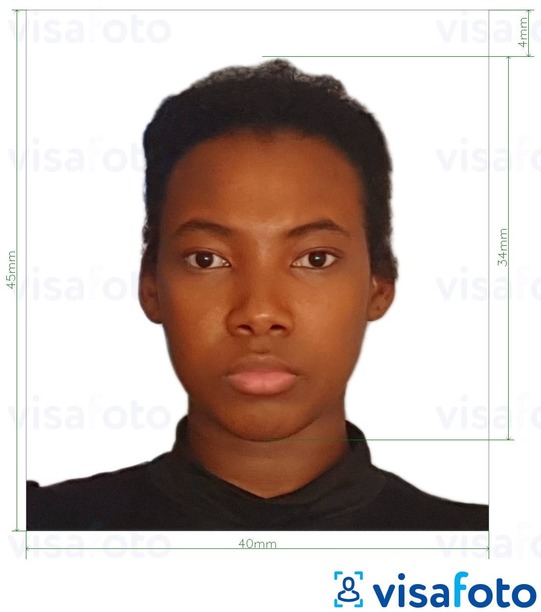 Esempio di foto per Passaporto Tanzania 40x45 mm (4x4,5 cm) con specifiche delle dimensioni esatte