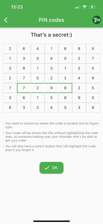 7ID: Надійно зберігайте свої PIN-коди та коди