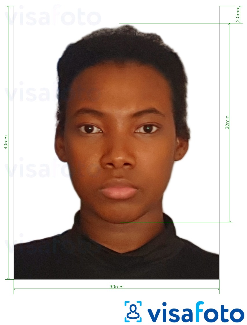 Esempio di foto per Visto Angola 3x4 cm (30x40 mm) con specifiche delle dimensioni esatte