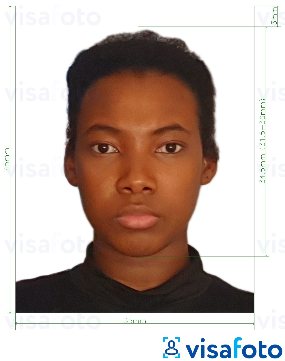 Esempio di foto per Visto Benin 3,5x4,5 cm (35x45 mm) con specifiche delle dimensioni esatte