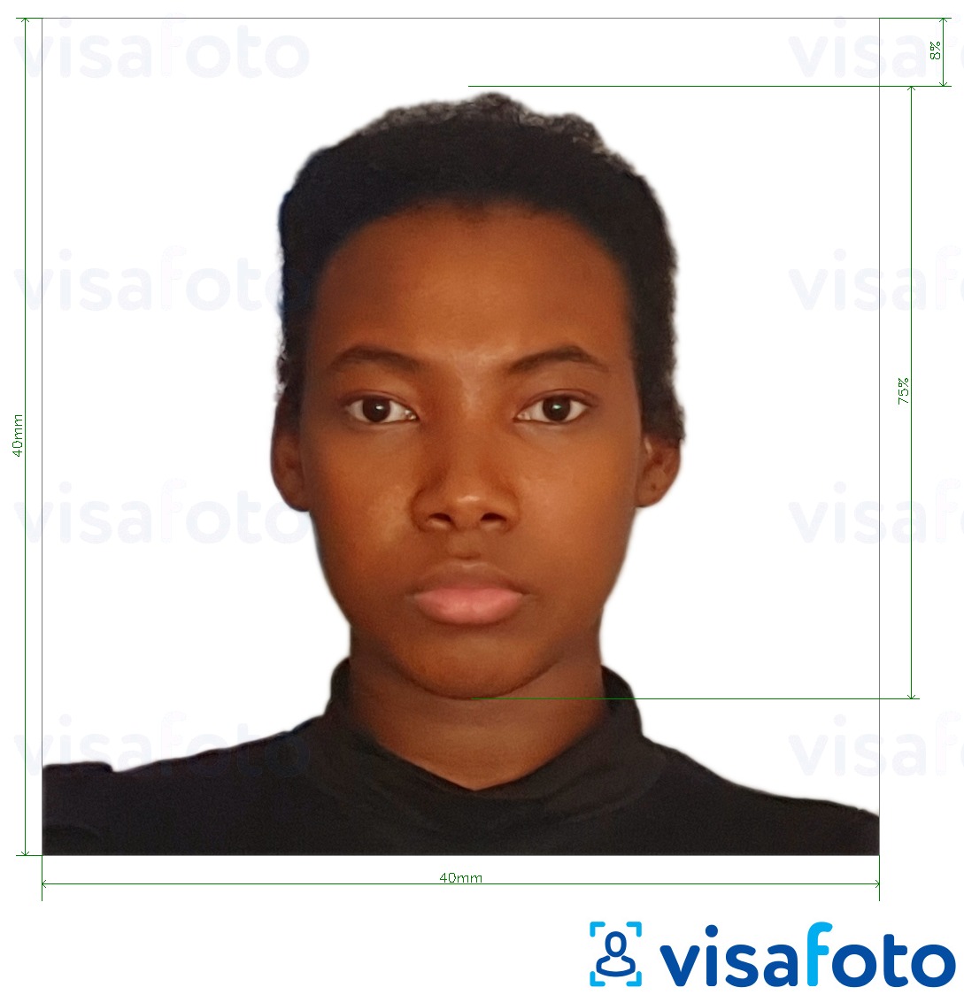 Esempio di foto per Passaporto camerunese 4x4 cm (40x40 mm) con specifiche delle dimensioni esatte