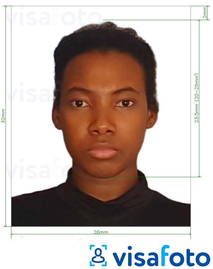Esempio di foto per Passaporto Guyana 32x26 mm (1,26x1,02 pollici) con specifiche delle dimensioni esatte