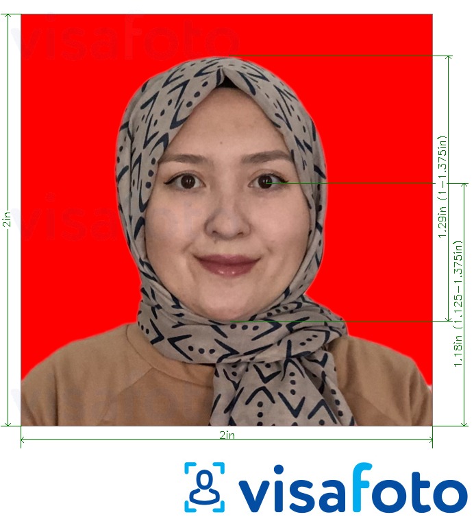Esempio di foto per Passaporto indonesiano 51x51 mm (2x2 pollici) sfondo rosso con specifiche delle dimensioni esatte