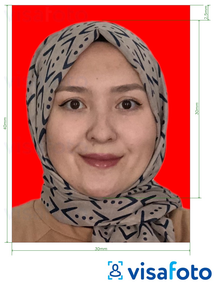 Esempio di foto per Visto in Indonesia 3x4 cm (30x40 mm) online sfondo rosso con specifiche delle dimensioni esatte