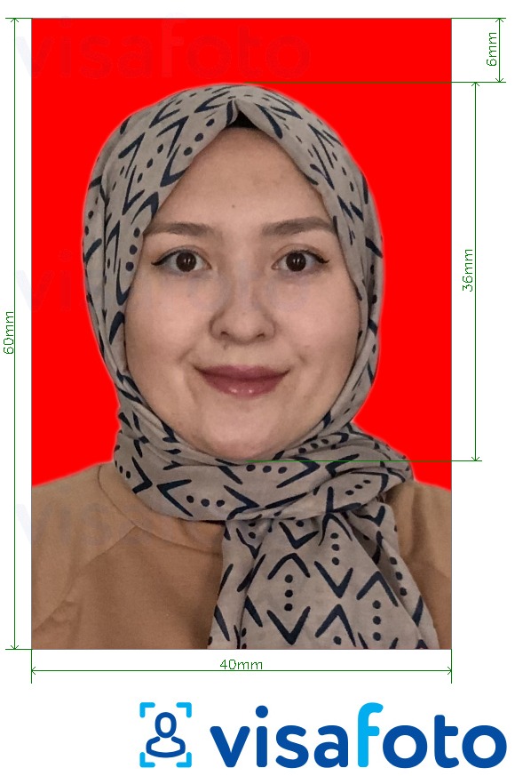 Esempio di foto per Indonesia Visa 4x6 cm sfondo rosso con specifiche delle dimensioni esatte