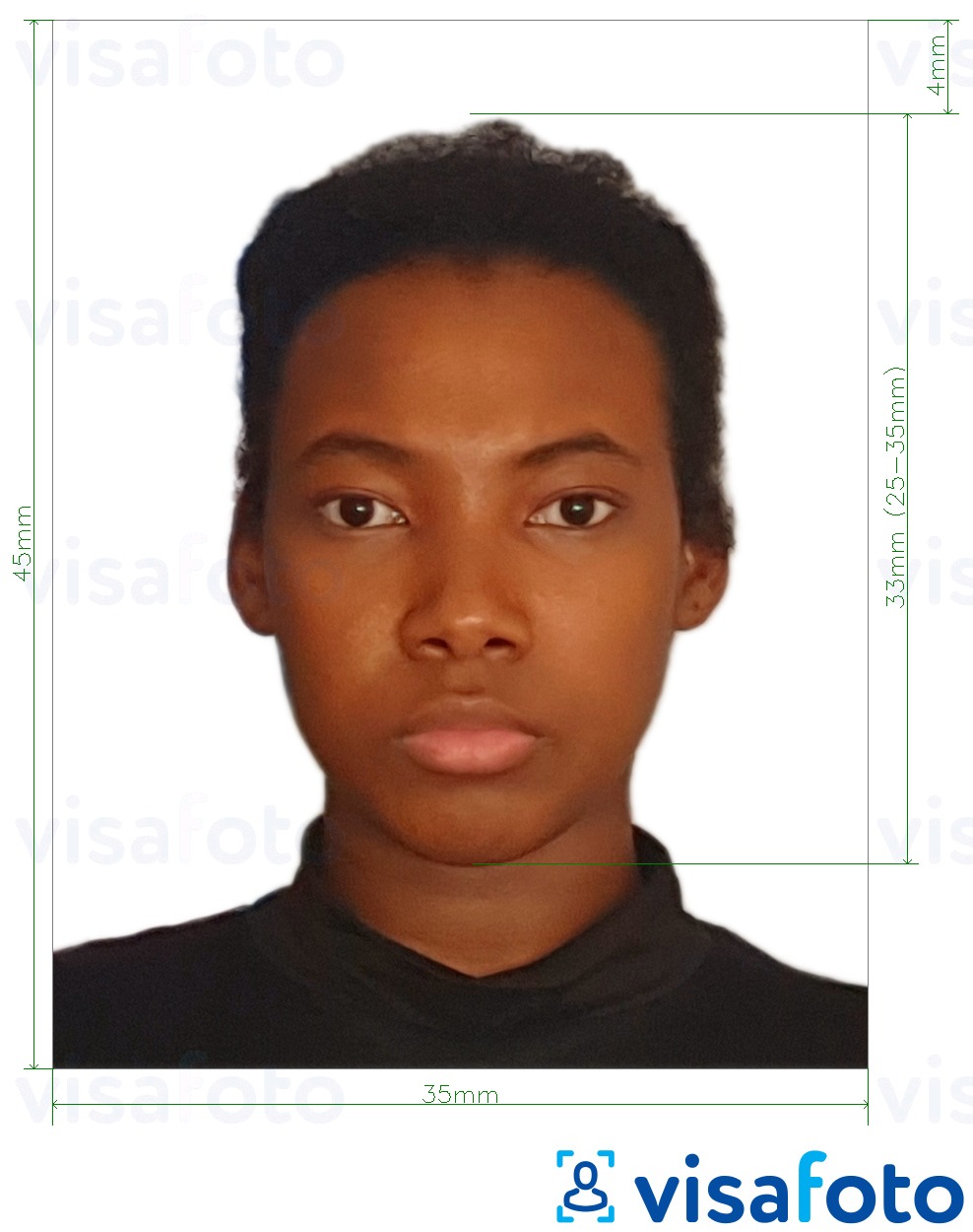 Esempio di foto per Passaporto Giamaica 35x45 mm (3,5x4,5 cm) con specifiche delle dimensioni esatte