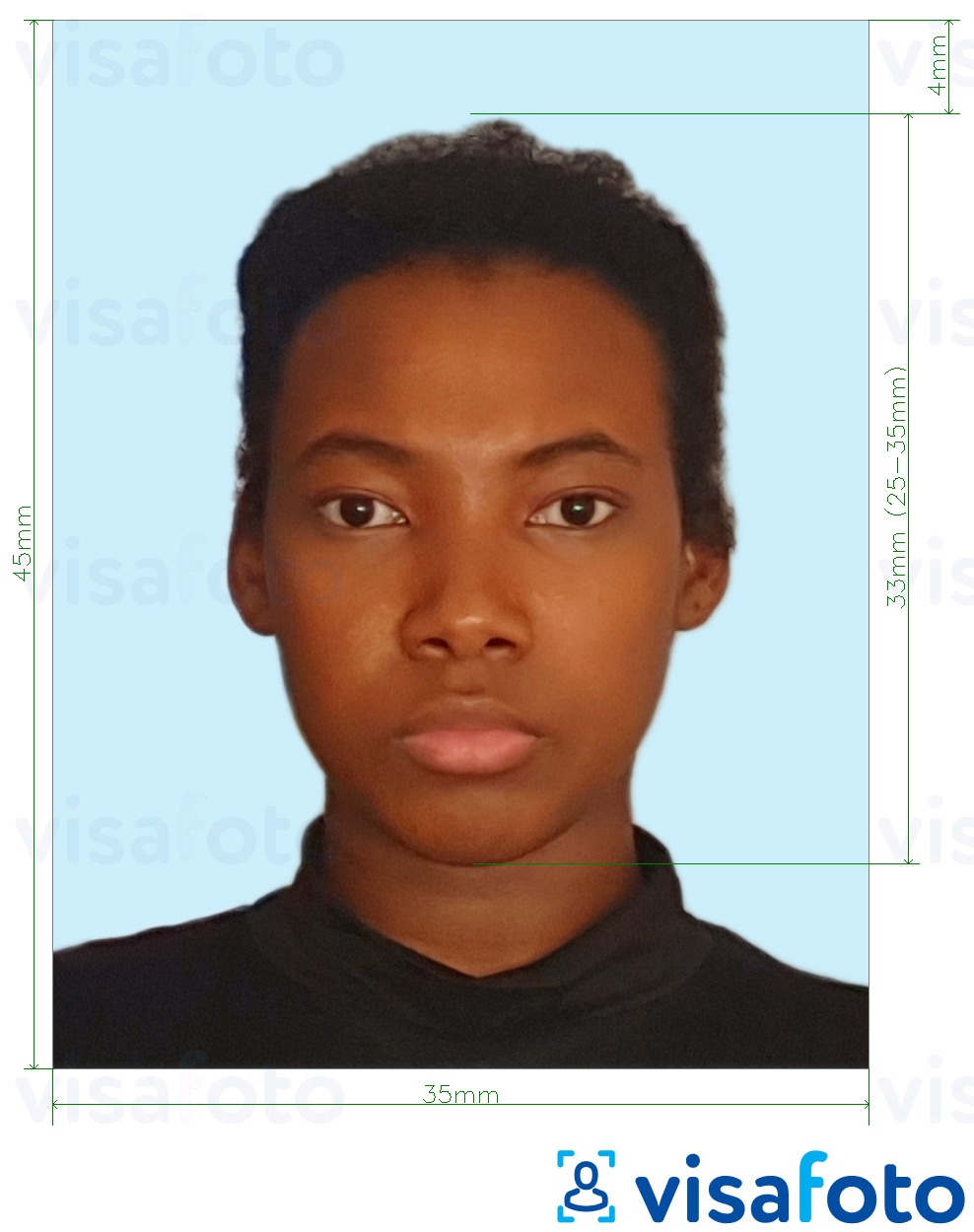 Esempio di foto per Passaporto Giamaica 35x45 mm sfondo azzurro con specifiche delle dimensioni esatte