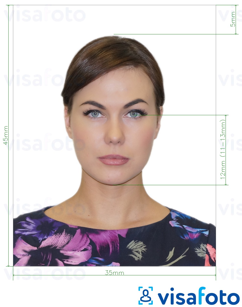 Esempio di foto per Russia Passaporto (occhielli sul fondo del mento 12 mm), 35x45 mm con specifiche delle dimensioni esatte
