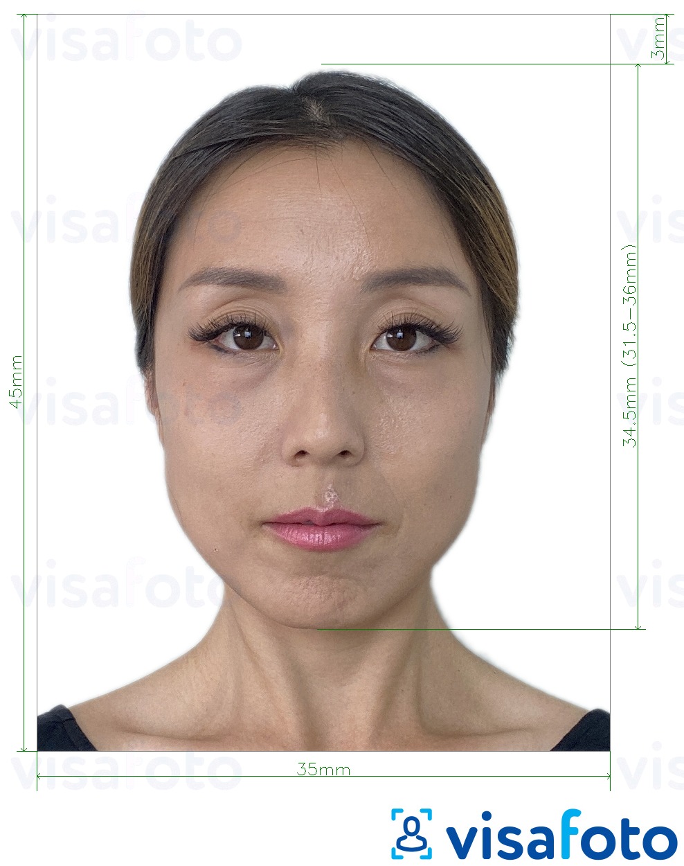 Esempio di foto per Visto Taiwan 35x45 mm (3,5x4,5 cm) con specifiche delle dimensioni esatte