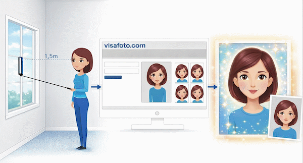 Scatta un'immagine con uno smartphone o una macchina fotografica contro una parete chiara, caricala qui e riceverai una foto per il tuo visto, passaporto o carta d'identità, e per altri documenti.